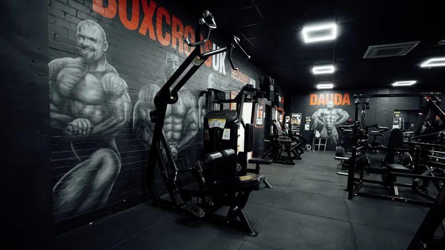 Plate-loaded machines in front of the bodybuilder mural at BoxCross UK, Wisbech